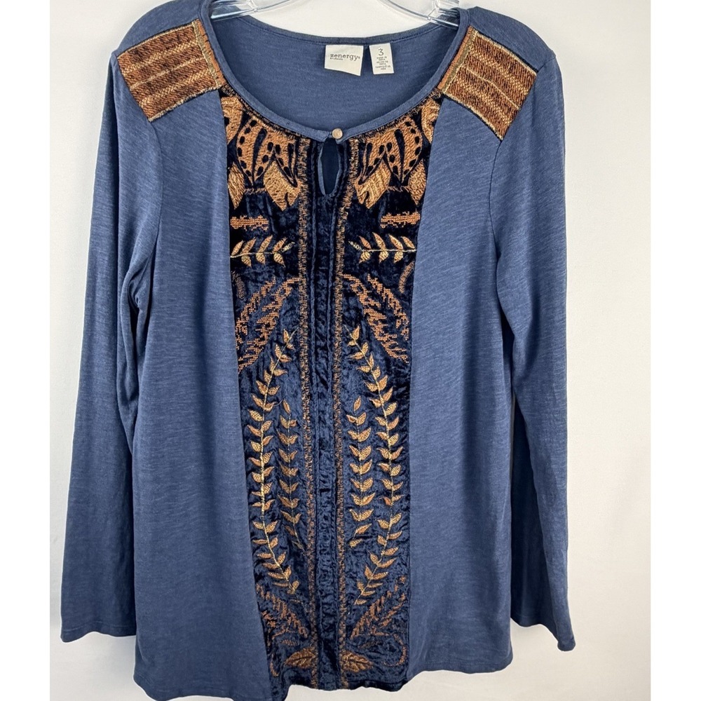 Chicos Zenergy Velvet Tunic Blue Brown Gold Embroidered Boho Lagenlook Sz 3 XL